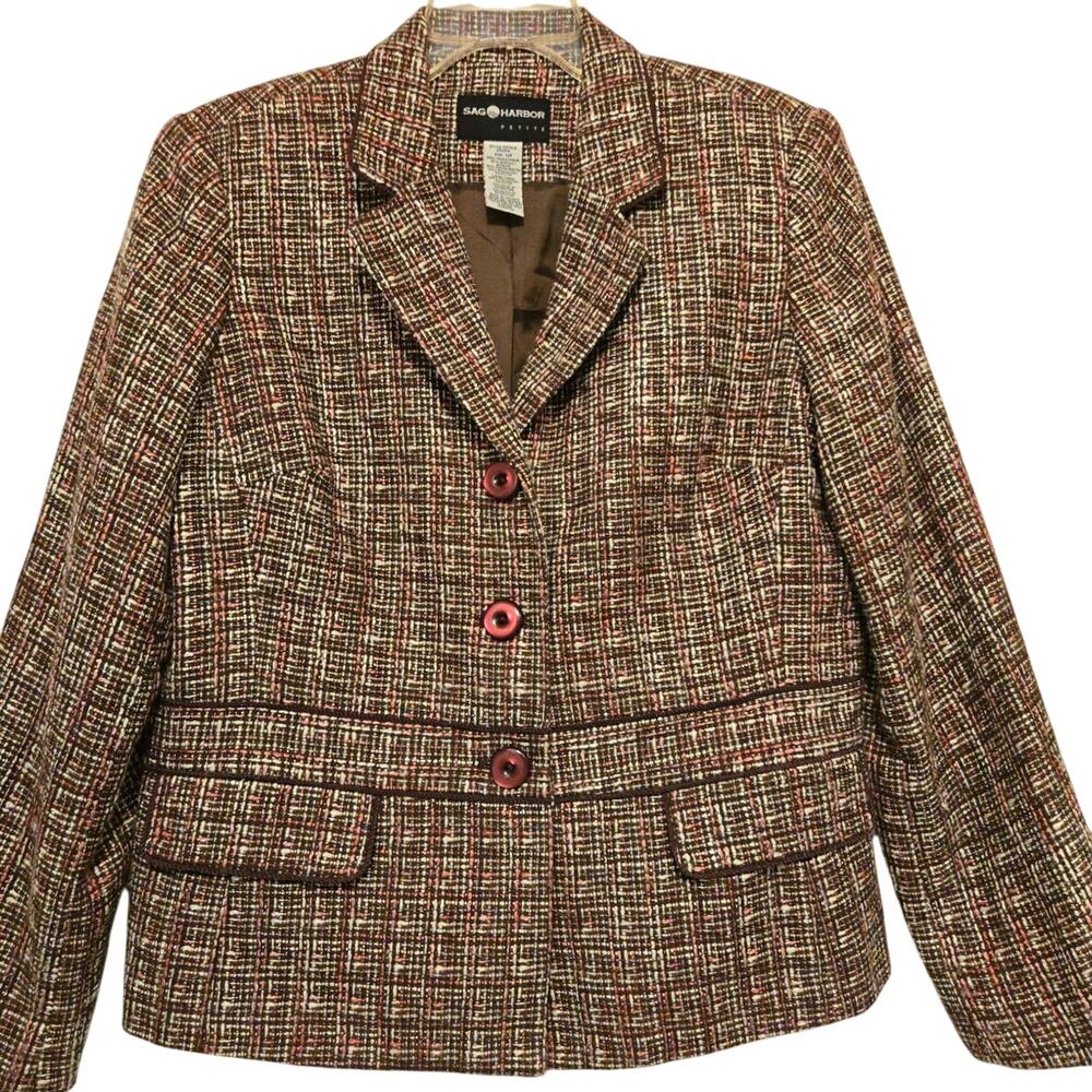 Sz 12P SAG HARBOR Petite Brown Pink Tweed Waist Accent Long Sleeve Blazer